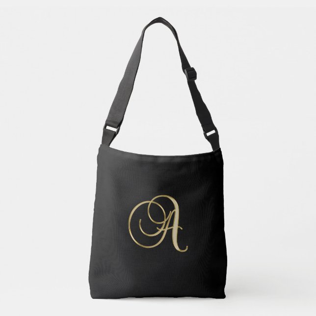 "A" Monogram Initial in gold on black. Crossbody Bag (Front)
