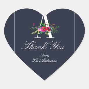 A Monogram Last Initial Modern Blue Floral Wedding Heart Sticker