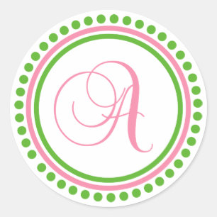 A Monogram (Light Pink / Green Dot Circle) Classic Round Sticker
