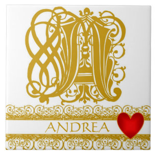 A Monogram Name Gold Lace Red Heart Template Tile
