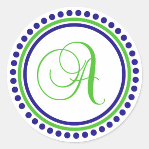 A Monogram (Navy Blue / Lime Green Dot Circle) Classic Round Sticker
