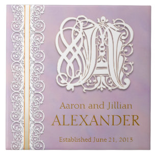 A Monogram "White Lace on Lavender" Wedding Tile