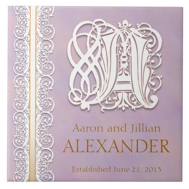 A Monogram "White Lace on Lavender" Wedding Tile (Front)