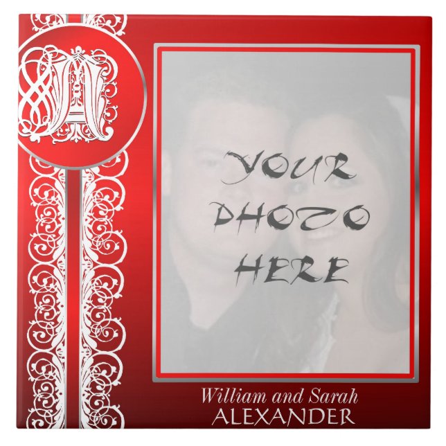 A Monogram "White Lace on Red" with Photo - Tile (Front)