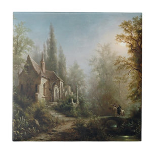 A Moonlit Night Over a Chapel and Riders - Rieger  Ceramic Tile