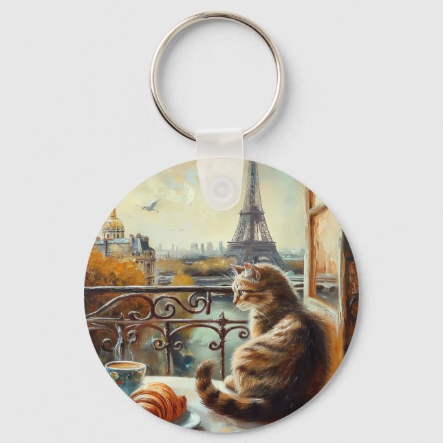 A Morning in Paris | Ginger Cat at a Cafe Key Ring (Front)