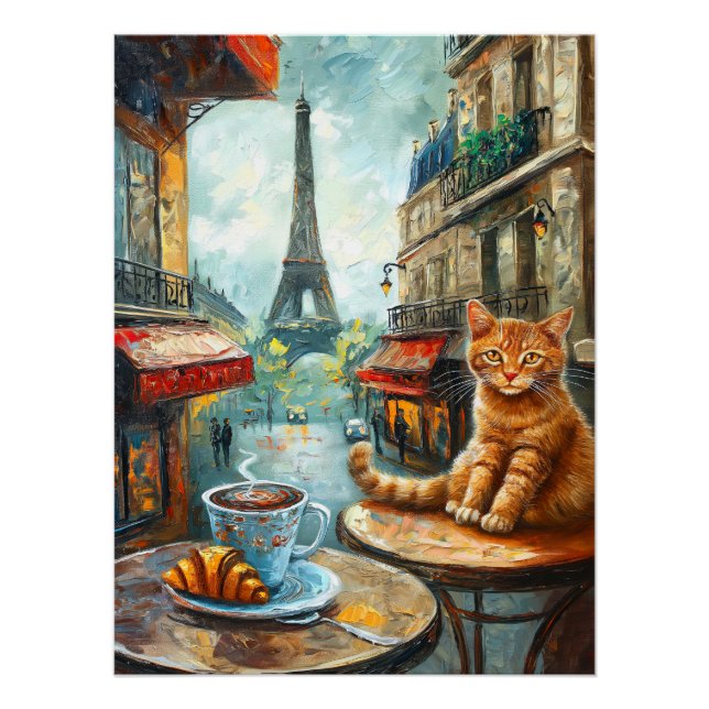 A Morning in Paris | Ginger Cat at a Cafe Poster (Front)