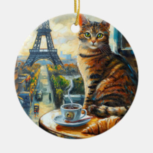 A Morning in Paris   Tabby Cat at a Cafe Ceramic Ornament