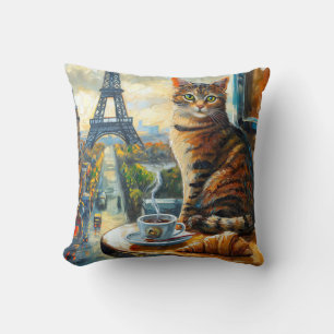A Morning in Paris   Tabby Cat at a Cafe Cushion