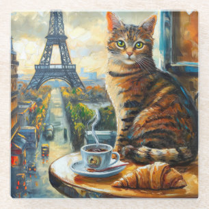 A Morning in Paris Tabby Cat at a Cafe Glass Coaster