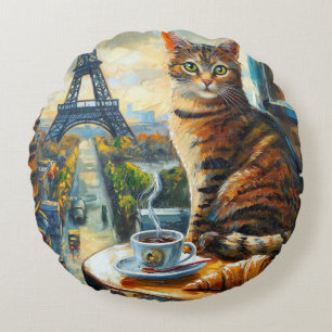 A Morning in Paris Tabby Cat at a Cafe Round Cushion