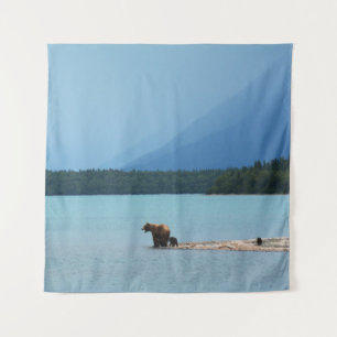 A MOTHER BEAR TEACHES HER CUBS TO SWIM ON THE EDGE TAPESTRY