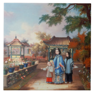 A mother with her children in a chinese garden, c. tile