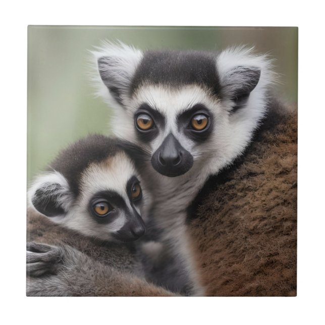 **"A Mother's Love: Mummy and Baby Lemur Cuddling" Ceramic Tile (Front)