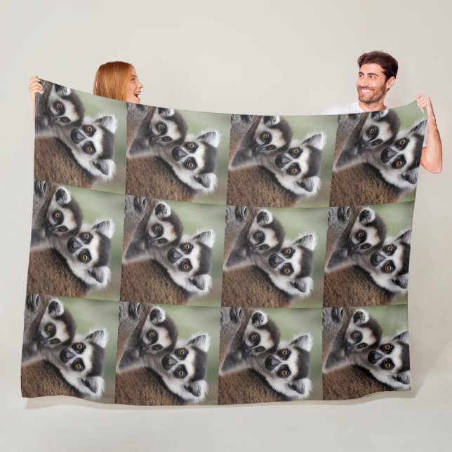 **"A Mother's Love: Mummy and Baby Lemur Cuddling" Fleece Blanket (In Situ)