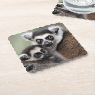 **"A Mother's Love: Mummy and Baby Lemur Cuddling" Paper Coaster