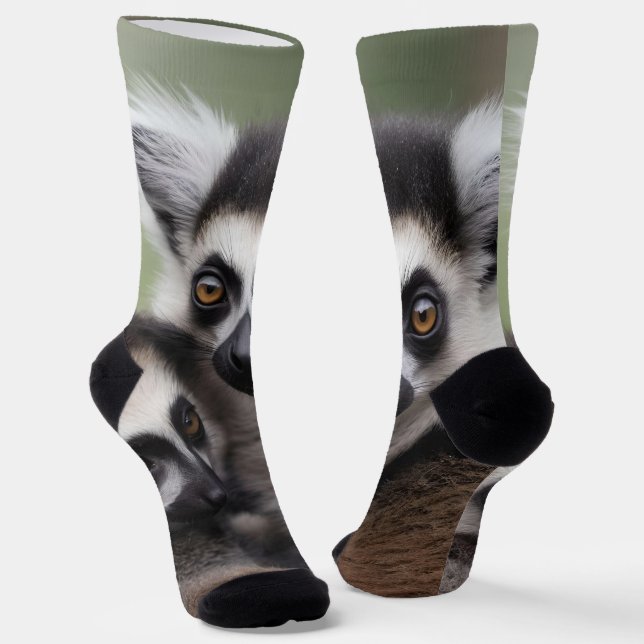 **"A Mother's Love: Mummy and Baby Lemur Cuddling" Socks (Angled)