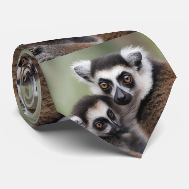 **"A Mother's Love: Mummy and Baby Lemur Cuddling" Tie (Rolled)