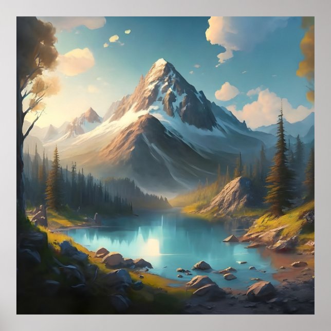 a Mountain Landscape with a Lake and Mountain Poster (Front)