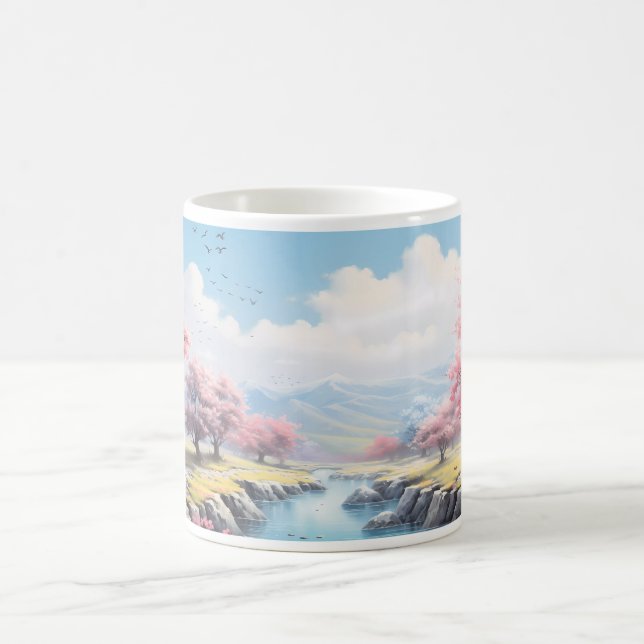 A Mountain, River, And A Tree In Spring Coffee Mug (Center)