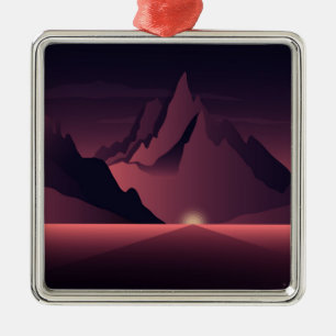 A mountain sunset illustration metal ornament