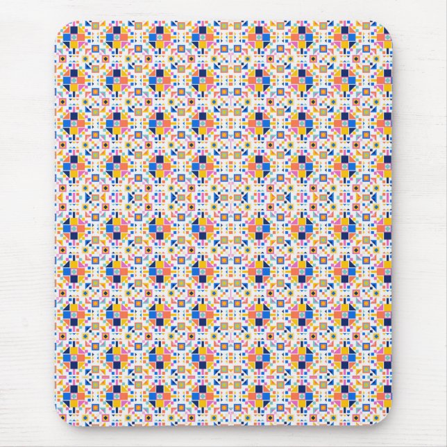 A mouse pad with a colourful geometric mosaic  (Front)