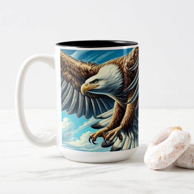 a mug with an image of a strong eagle flying  (With Donut)