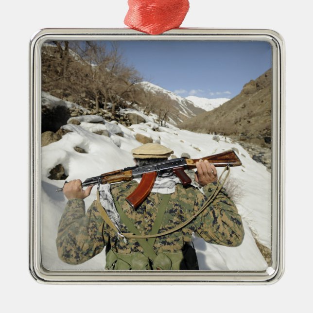 A Mujahadeen Guard walks with US Military membe Metal Ornament (Front)