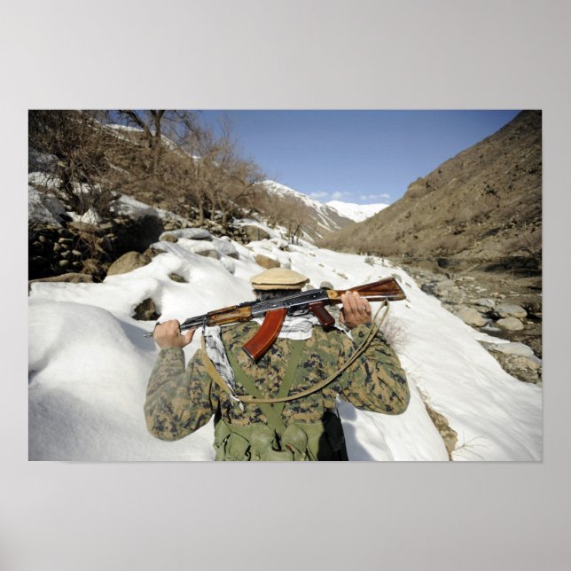 A Mujahadeen Guard walks with US Military membe Poster (Front)