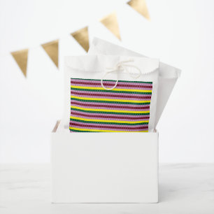 a multicolored striped background with dots favour bag