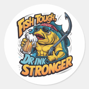 A muscular fish wearing sunglasses  classic round sticker