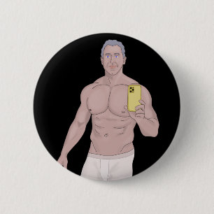 A muscular grey-haired man taking a selfie 6 cm round badge