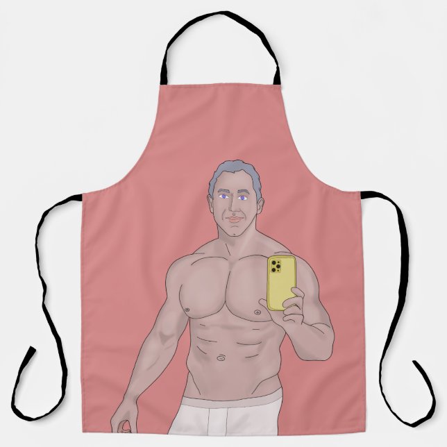 A muscular grey-haired man taking a selfie apron (Front)