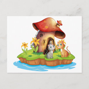 A mushroom house with two cats postcard