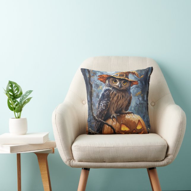A mysterious, charming owl wearing an orange hat s cushion (Chair)