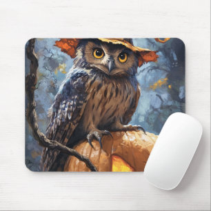 A mysterious, charming owl wearing an orange hat s mouse pad