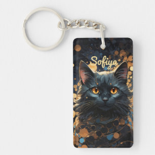 A mysterious majestic black cat glitter name key ring