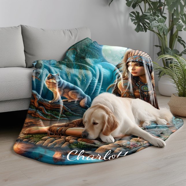 A mystical night with a native Indian and wolves Fleece Blanket (Creator Uploaded)
