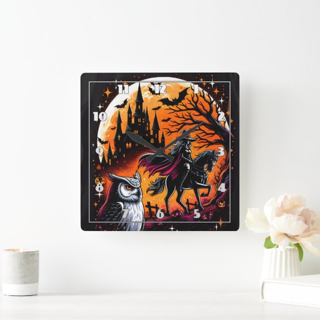 A mystical ride with a Halloween horse at night Square Wall Clock (Home)