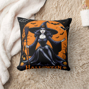 A mystical witch celebrates Halloween at twilight Cushion