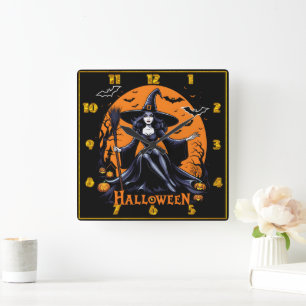 A mystical witch celebrates Halloween at twilight Square Wall Clock