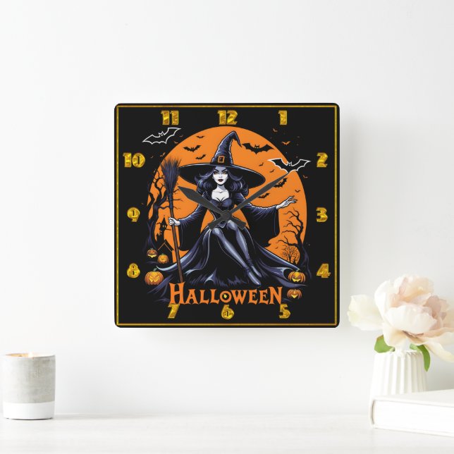 A mystical witch celebrates Halloween at twilight Square Wall Clock (Home)