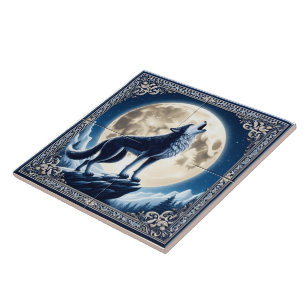 A Mystical Wolf Howls at the Moonlit Night Sky Ceramic Tile
