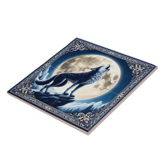 A Mystical Wolf Howls at the Moonlit Night Sky Ceramic Tile (Side)