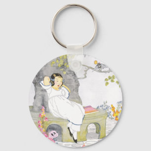 A Nap on Garden Bench Under Cherry Tree Key Ring