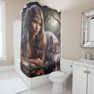A native Indian and a wolf resting by the water Shower Curtain
