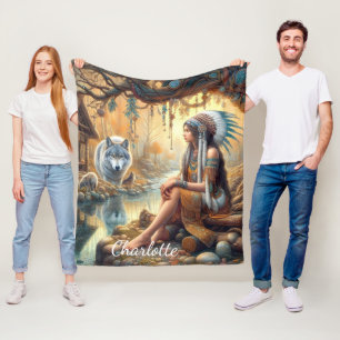 A Native Indian girl and a wolf by a serene river Fleece Blanket