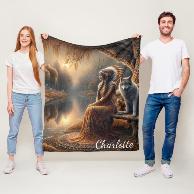 A Native Indian woman and her loyal wolf companion Fleece Blanket (In Situ)