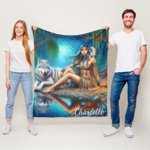 A Native Indian woman and her loyal wolf companion Fleece Blanket