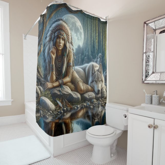 A Native Indian woman and her loyal wolf companion Shower Curtain (In Situ)